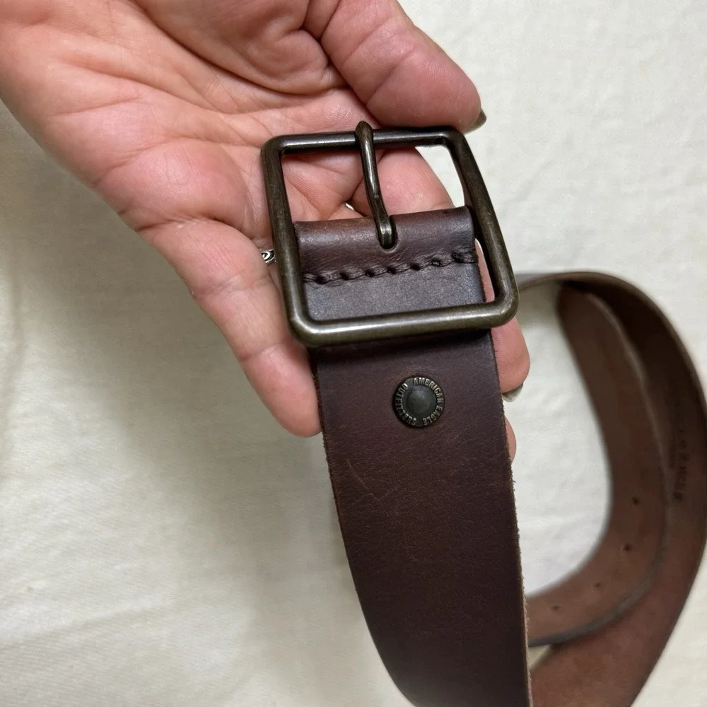 American Eagle Outfitters Brown Leather Belt Womens L Square Brass Buckle Boho